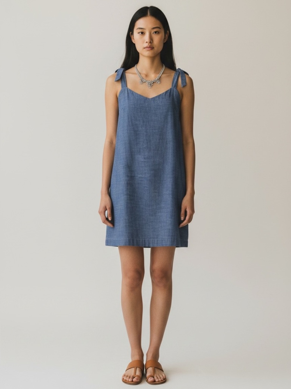J. Crew Shoulder Tie Denim Blue Chambray Dress Size Large